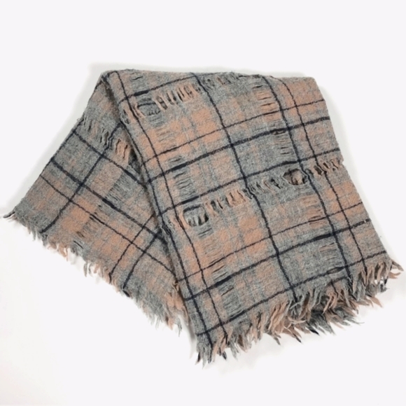 Madewell Camden Plaid Open Weave Scarf Neutral & Light Peach Tones Fringed Scarf - Picture 3 of 7